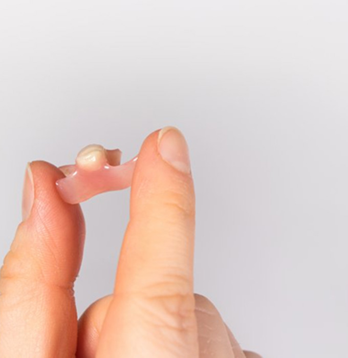 Person holding a small partial denture