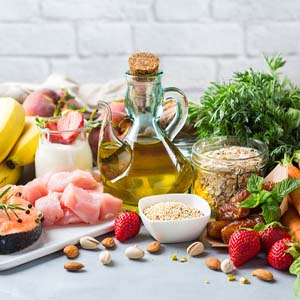 Tooth-friendly healthy foods on a table